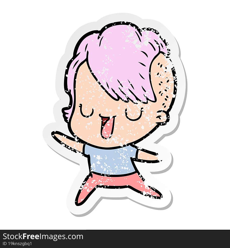 distressed sticker of a cute cartoon girl with hipster haircut