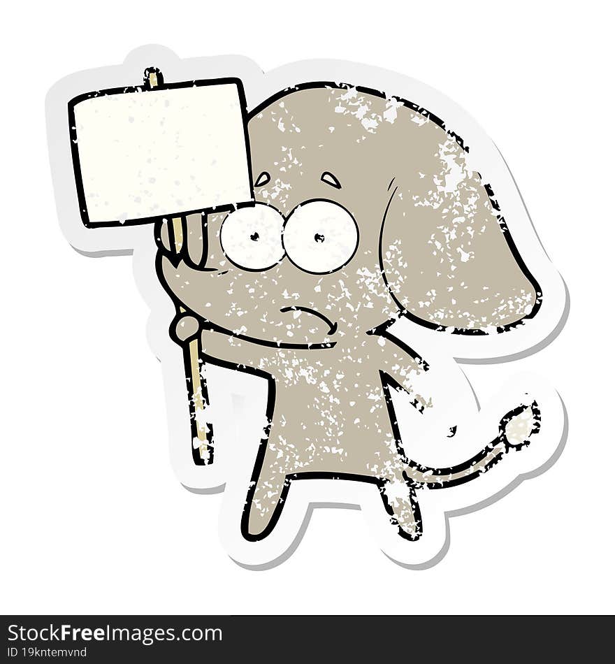 Distressed Sticker Of A Cartoon Unsure Elephant With Protest Sign