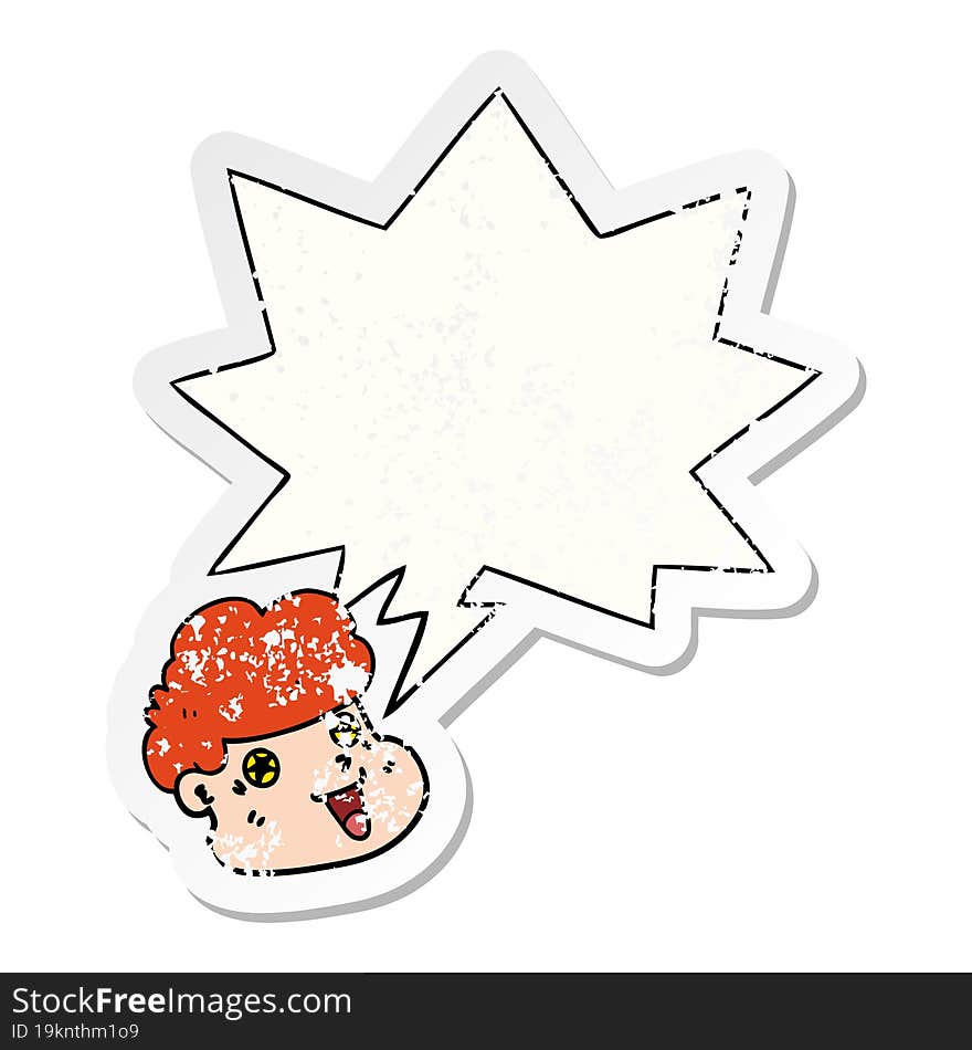 Cartoon Boy S Face And Speech Bubble Distressed Sticker