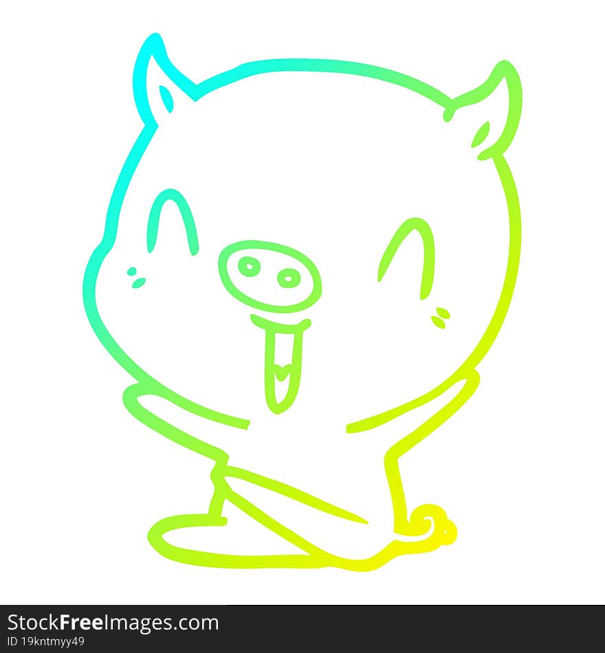 cold gradient line drawing of a happy cartoon sitting pig