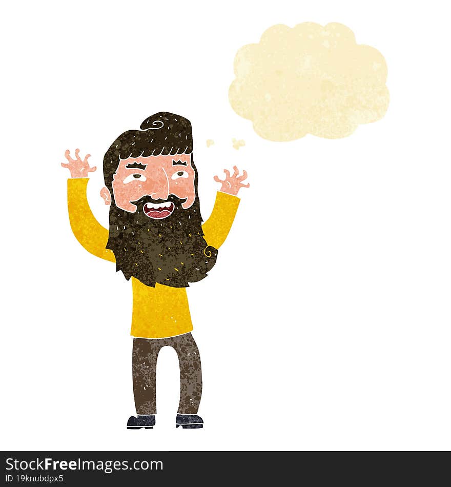 Cartoon Happy Bearded Man Waving Arms With Thought Bubble