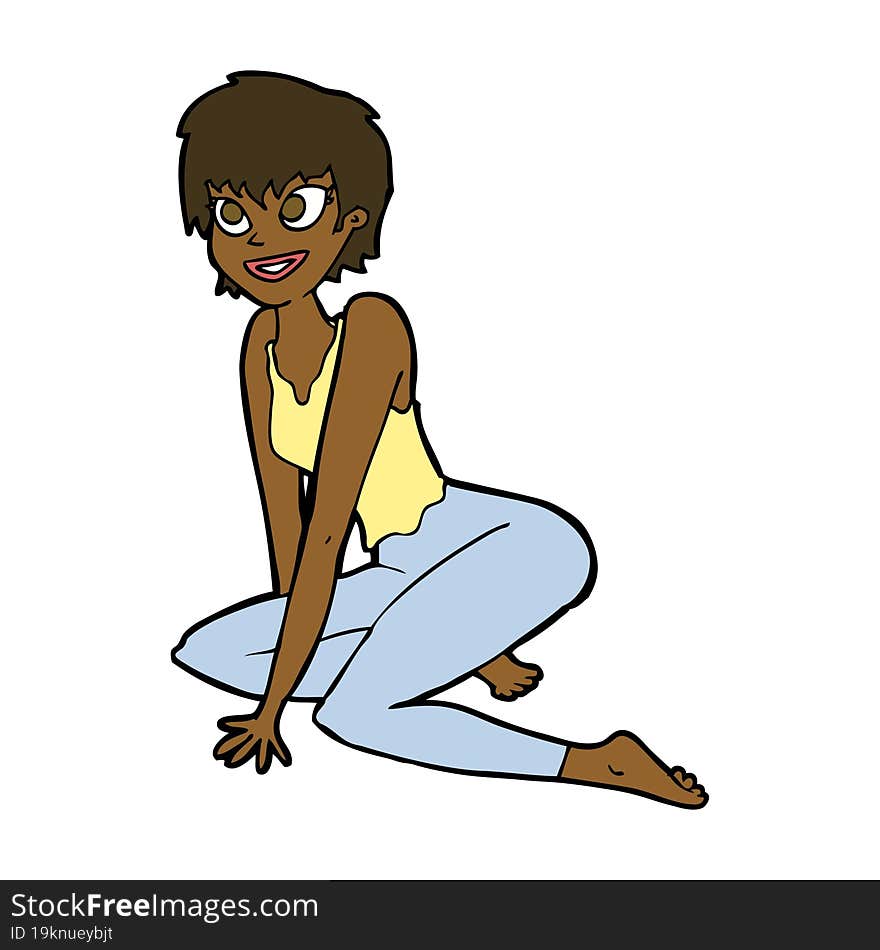 Cartoon Happy Woman Sitting On Floor