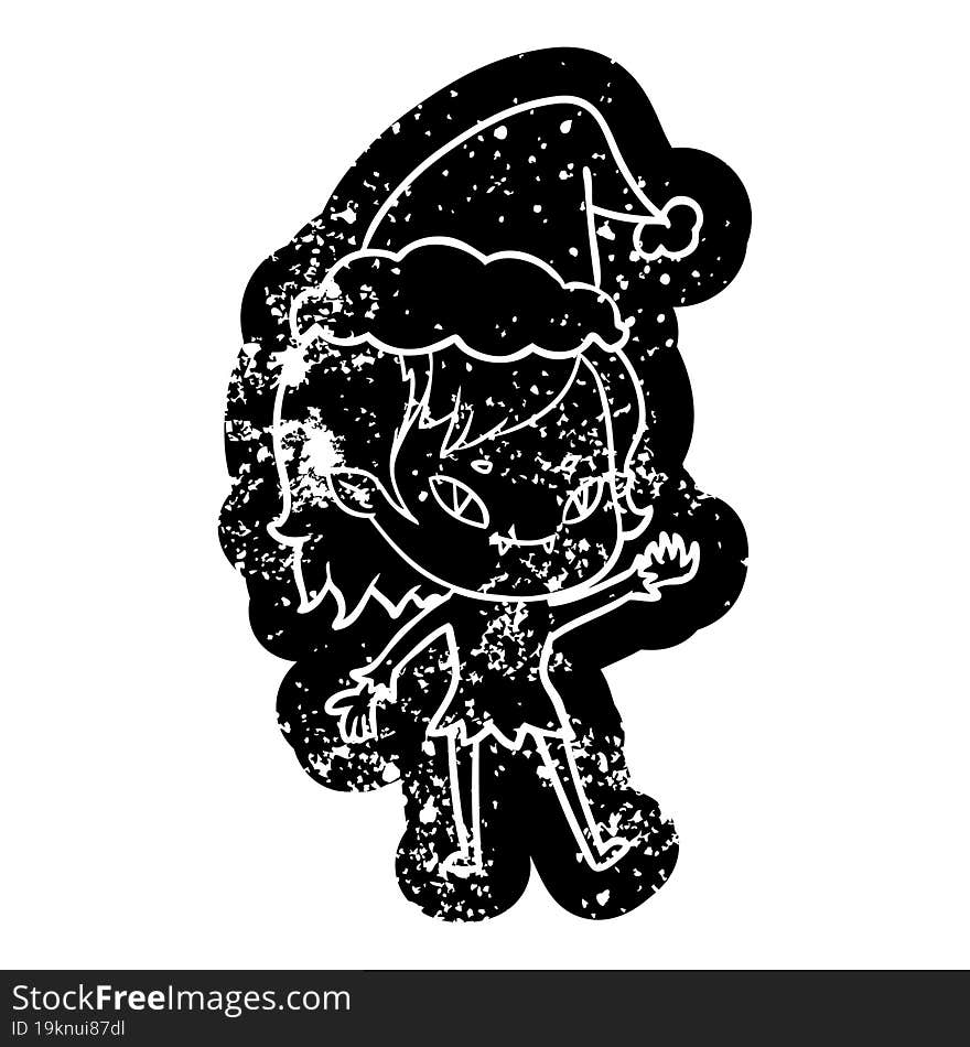 cartoon distressed icon of a friendly vampire girl wearing santa hat