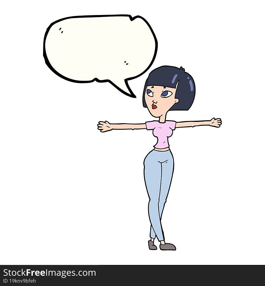 speech bubble cartoon woman spreading arms