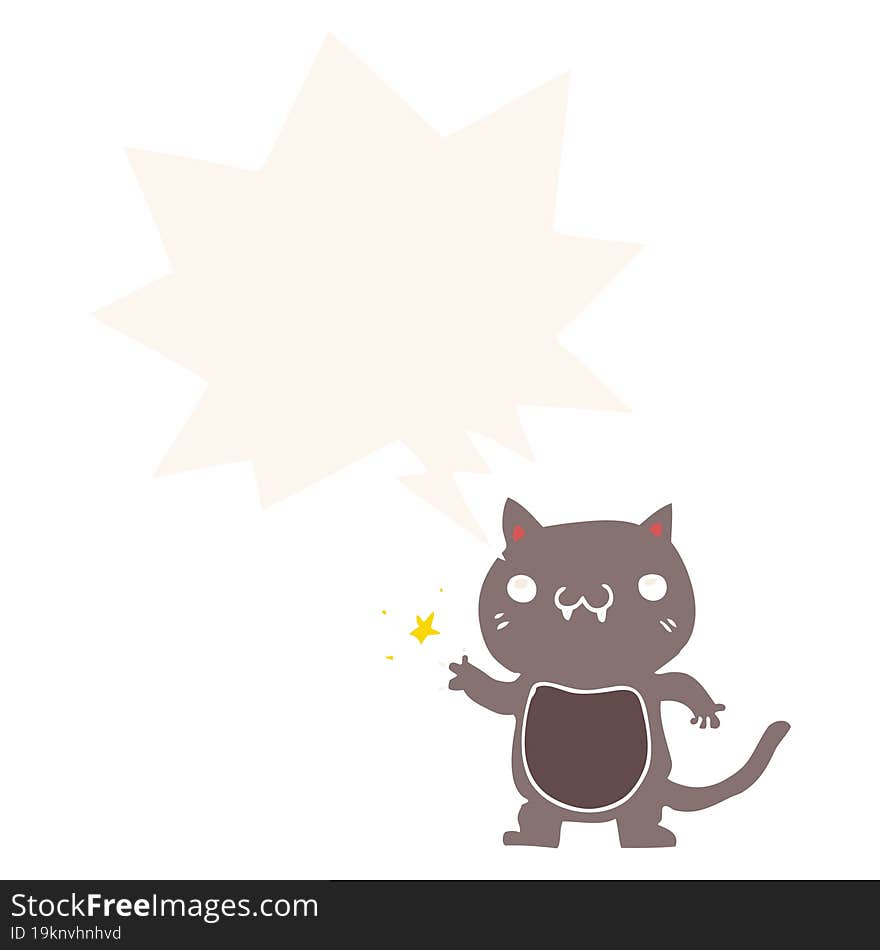 Cartoon Cat Scratching And Speech Bubble In Retro Style