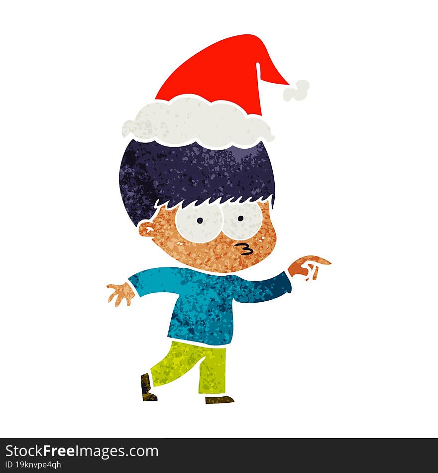 Nervous Retro Cartoon Of A Boy Wearing Santa Hat