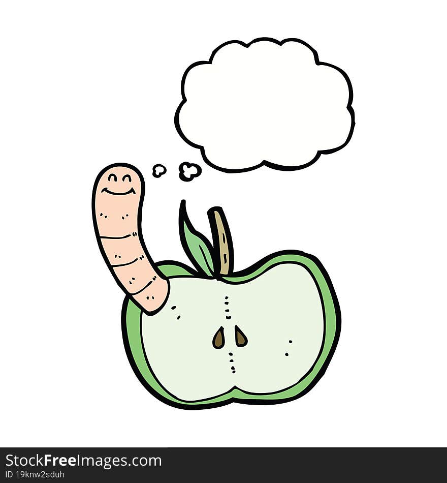 cartoon apple with worm with thought bubble