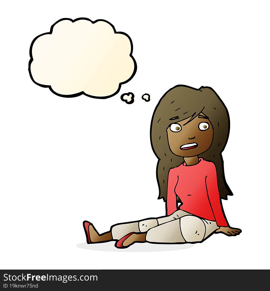 cartoon girl sitting on floor with thought bubble