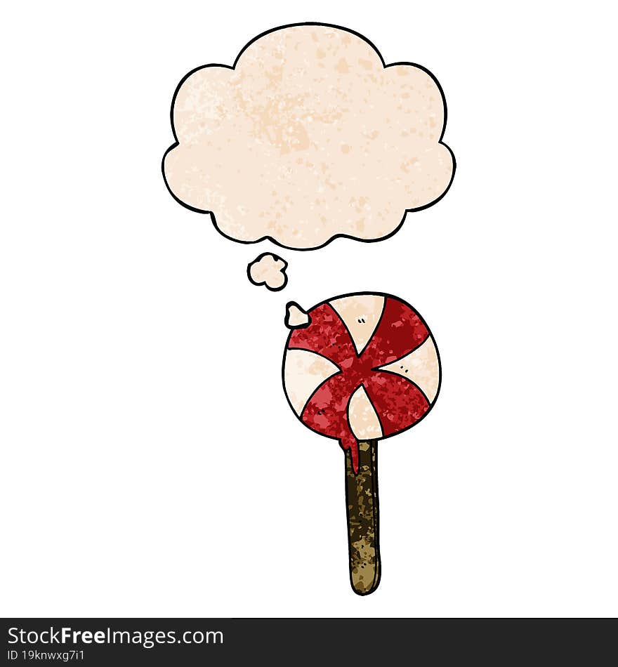 cartoon lollipop and thought bubble in grunge texture pattern style