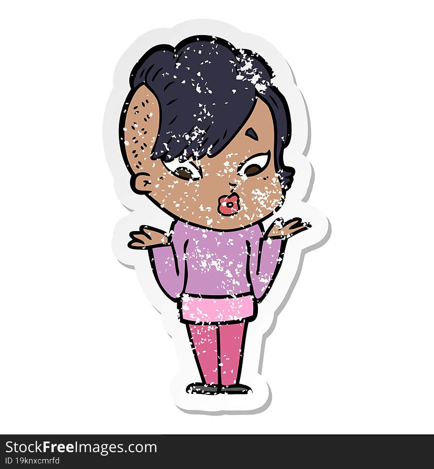 distressed sticker of a cartoon surprised girl shrugging