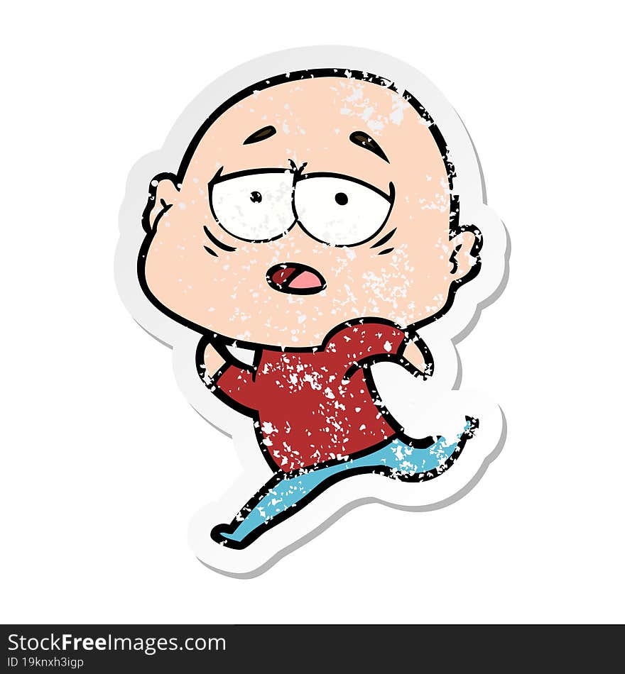 distressed sticker of a cartoon tired bald man