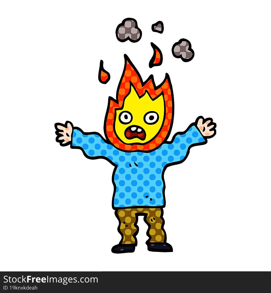 cartoon doodle man with head on fire