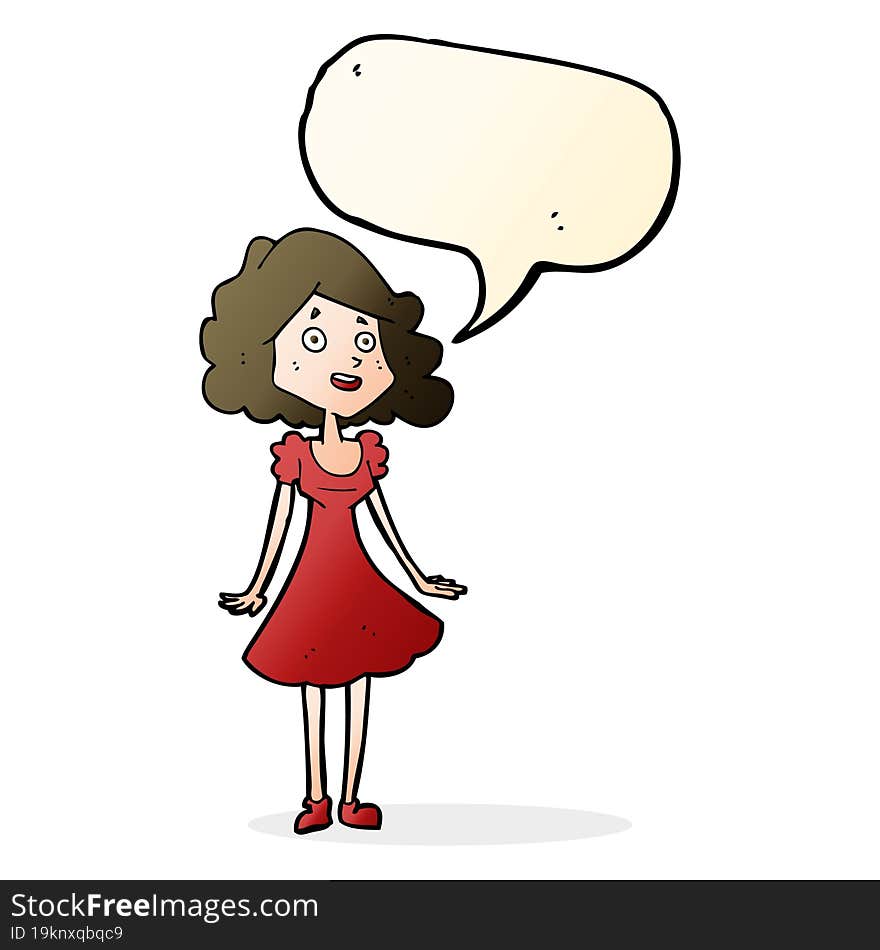 cartoon happy woman in dress with speech bubble