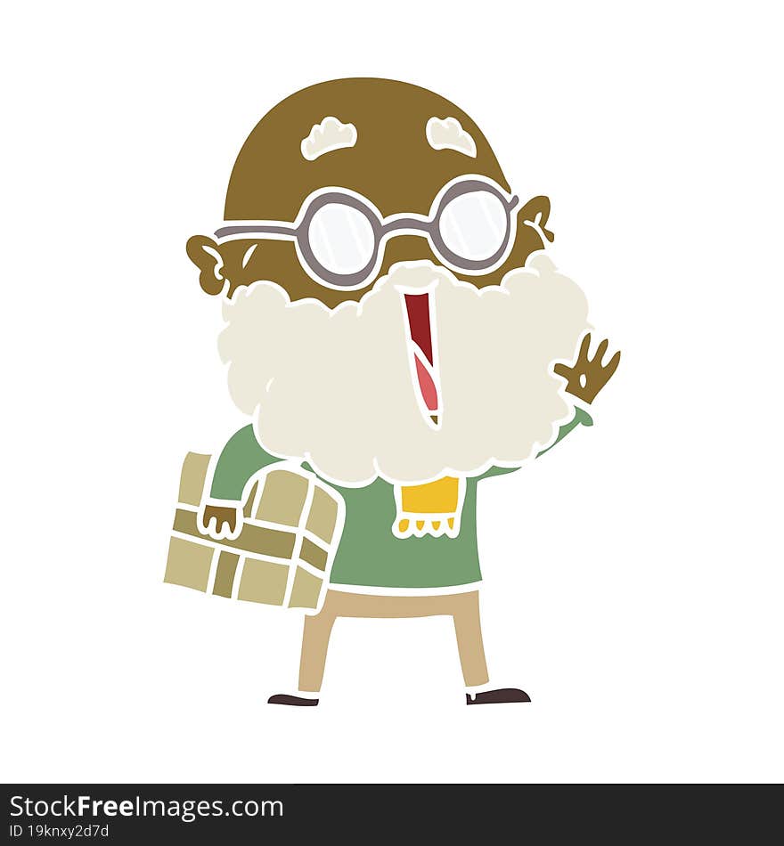 Flat Color Style Cartoon Joyful Man With Beard And Parcel Under Arm