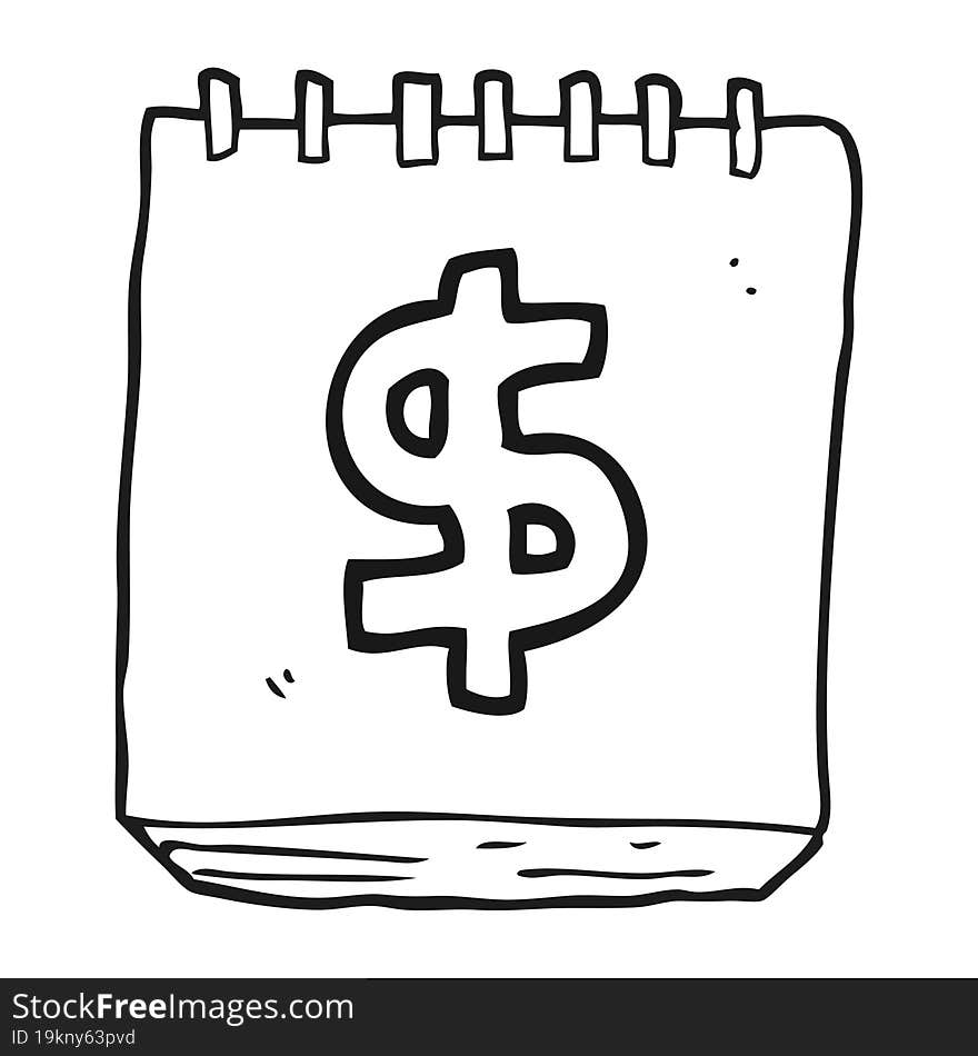 freehand drawn black and white cartoon note pad with dollar symbol