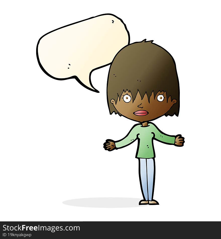 cartoon woman shrugging shoulders with speech bubble