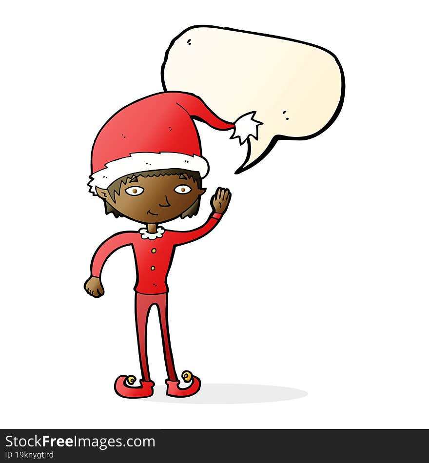 cartoon waving christmas elf with speech bubble