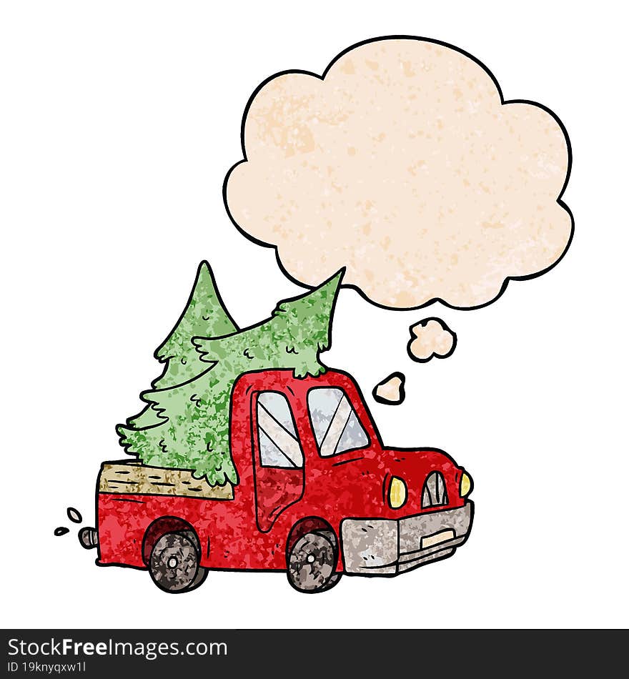 cartoon pickup truck carrying trees and thought bubble in grunge texture pattern style