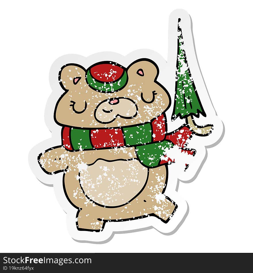 distressed sticker of a cartoon bear with umbrella