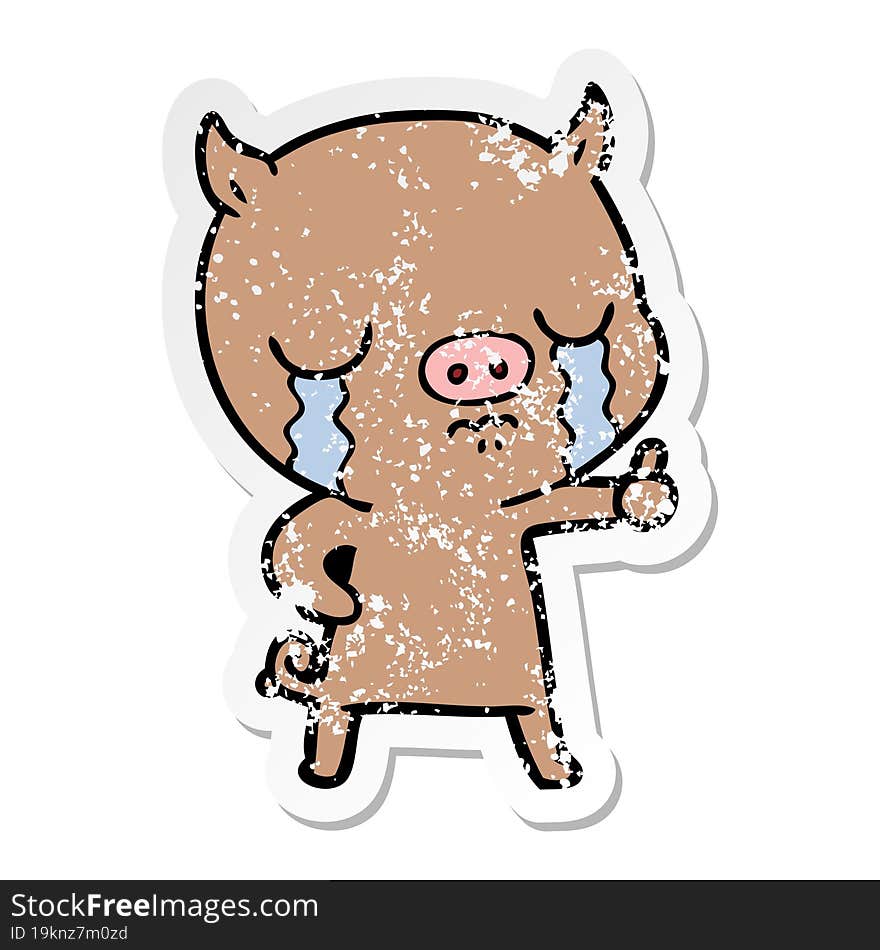 distressed sticker of a cartoon pig crying