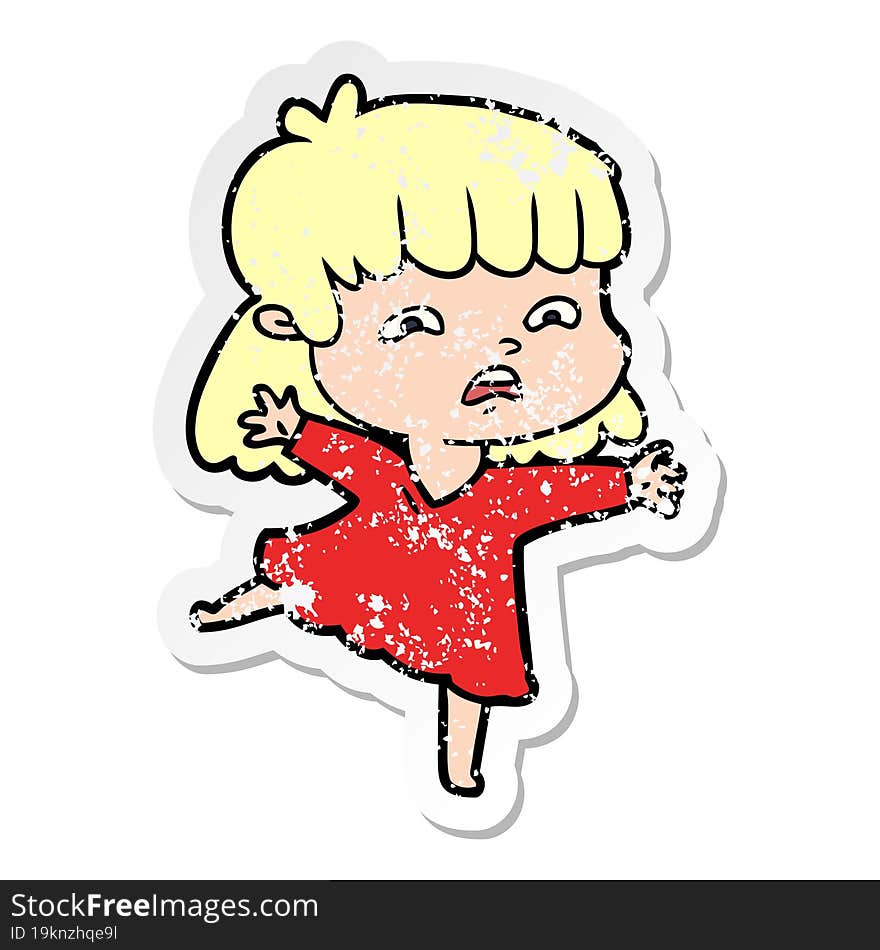 distressed sticker of a cartoon worried woman