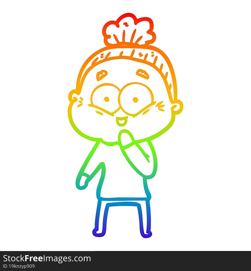 rainbow gradient line drawing of a cartoon happy old woman