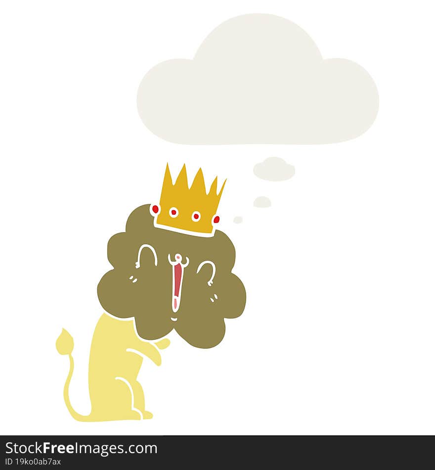 Cartoon Lion With Crown And Thought Bubble In Retro Style