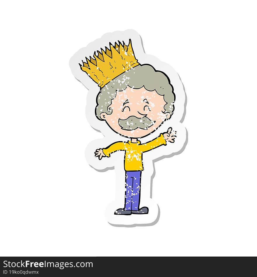 retro distressed sticker of a cartoon person wearing crown