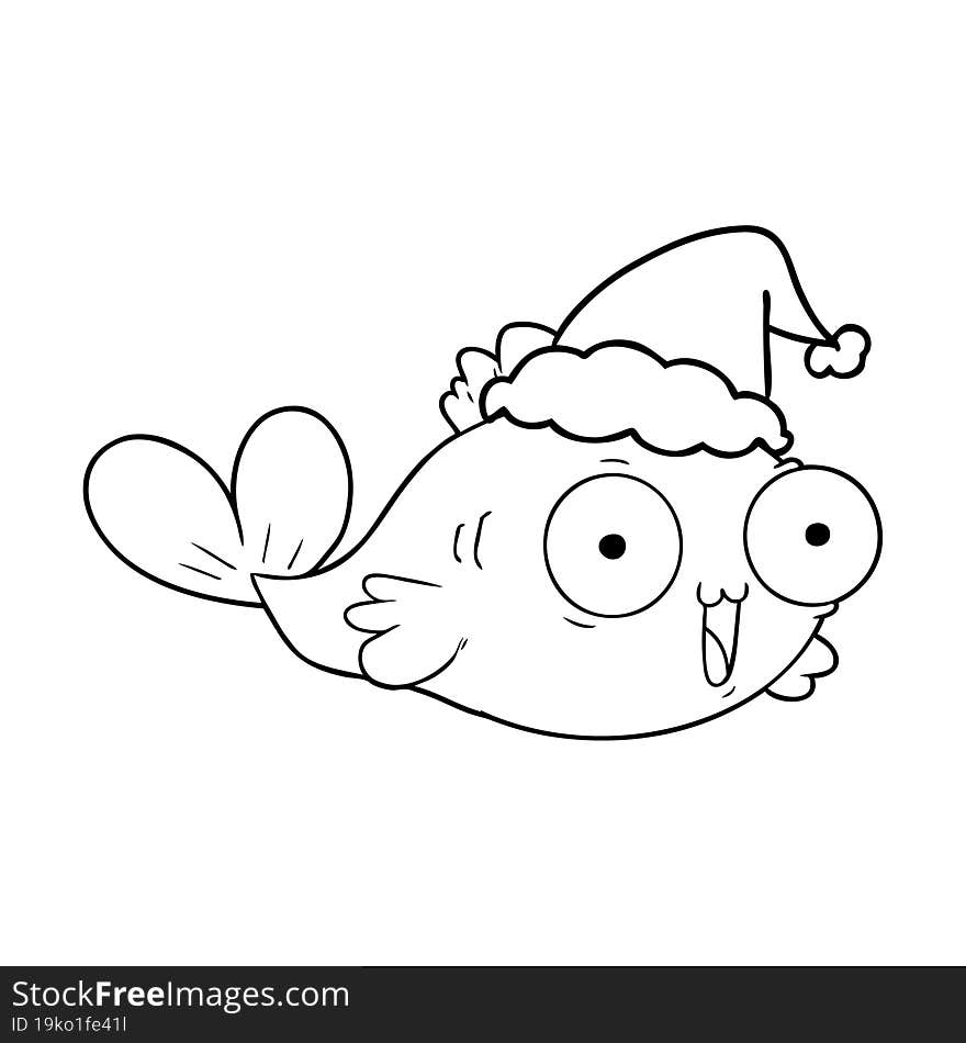 Happy Goldfish Line Drawing Of A Wearing Santa Hat