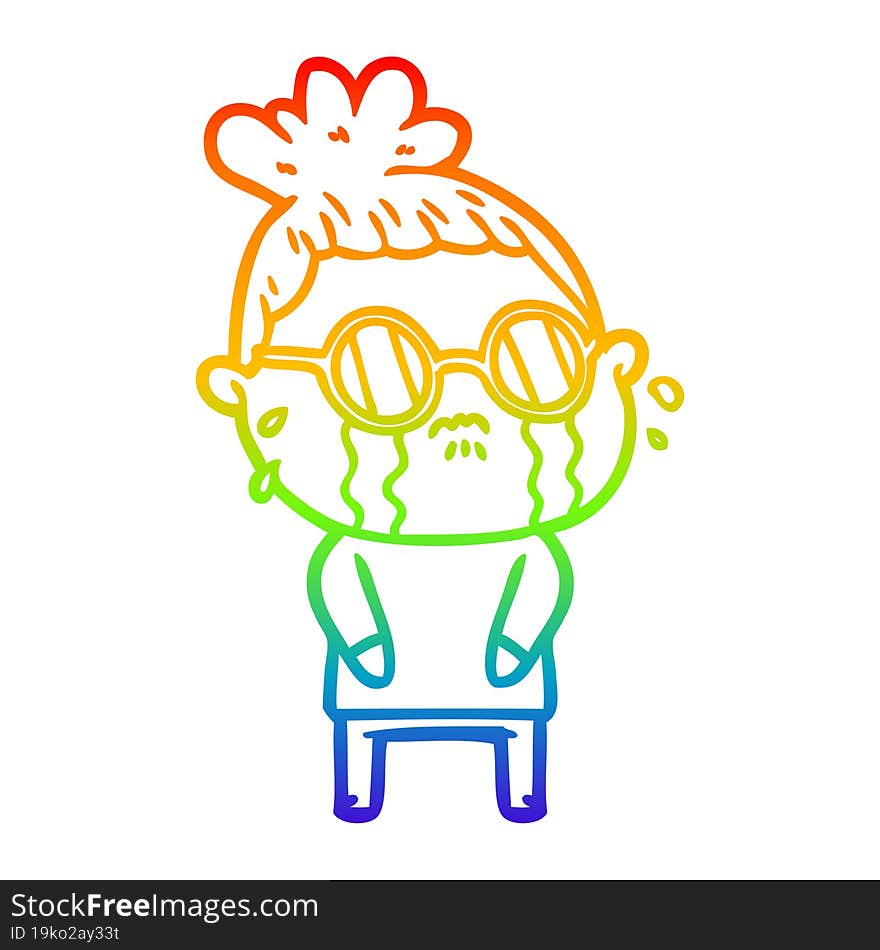 rainbow gradient line drawing cartoon crying woman wearing spectacles