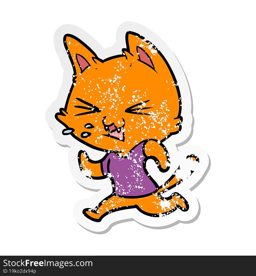 Distressed Sticker Of A Cartoon Running Cat Hissing