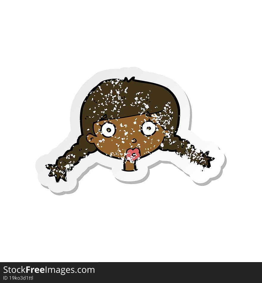 retro distressed sticker of a cartoon confused female face