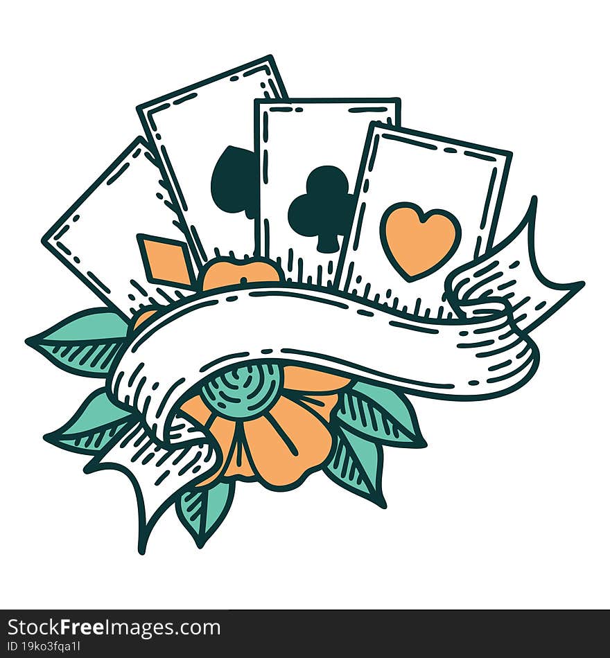 iconic tattoo style image of cards and banner. iconic tattoo style image of cards and banner