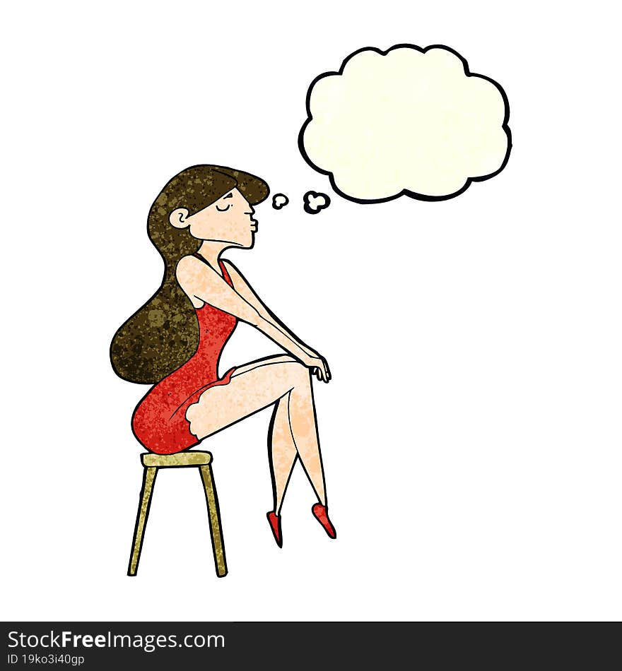 cartoon woman sitting on stool with thought bubble