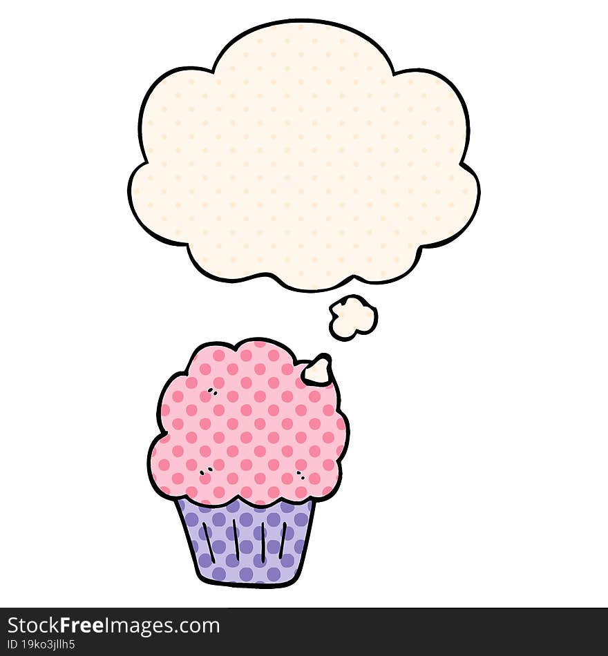 cartoon cupcake with thought bubble in comic book style