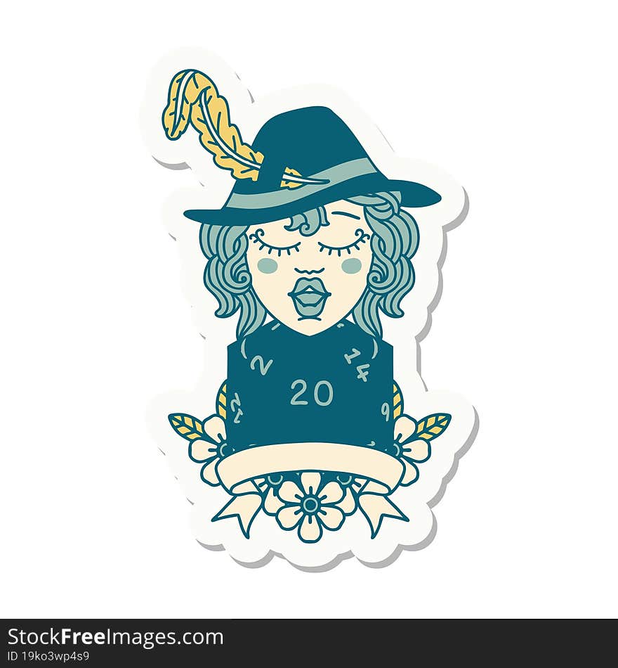 human bard character with natural 20 dice roll sticker