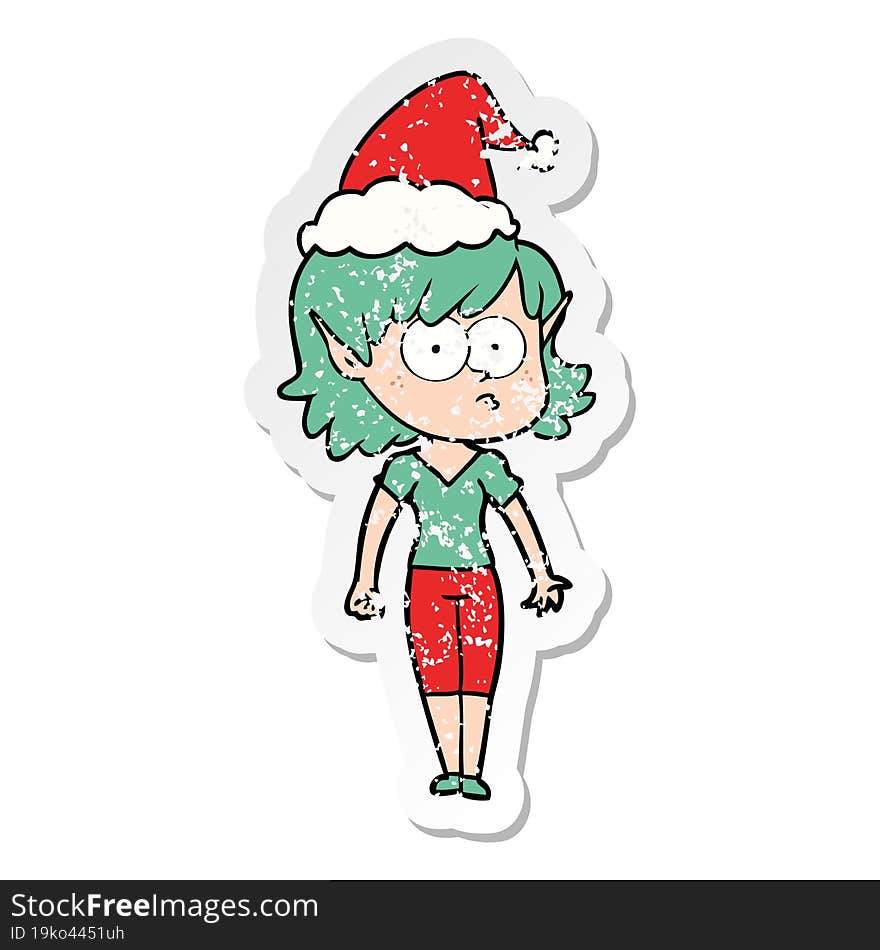 distressed sticker cartoon of a elf girl staring wearing santa hat