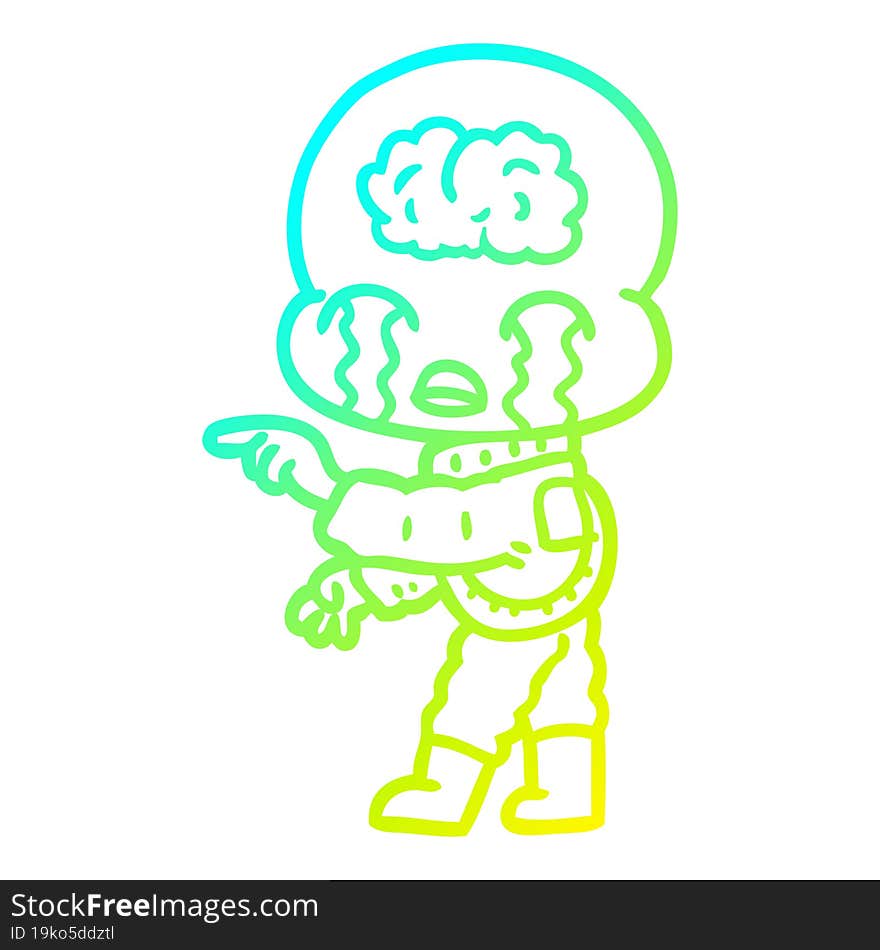 Cold Gradient Line Drawing Cartoon Big Brain Alien Crying And Pointing