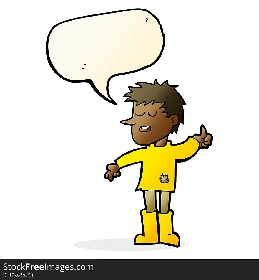 cartoon poor boy with positive attitude with speech bubble