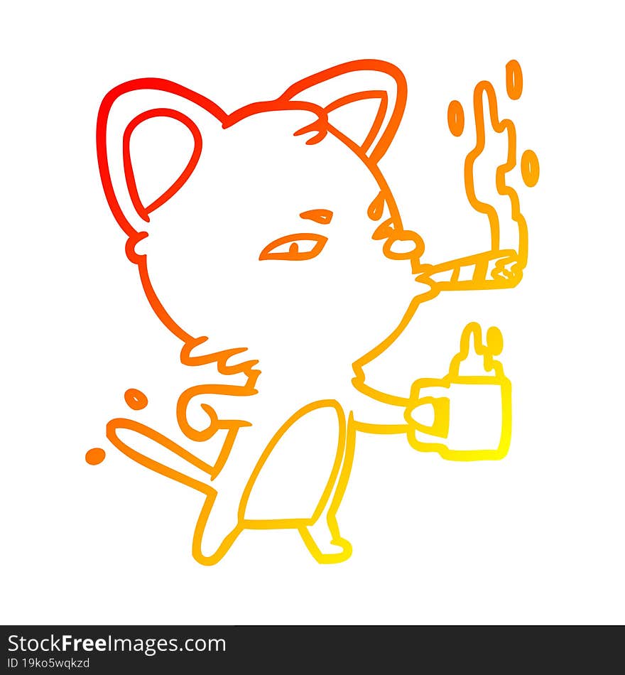 warm gradient line drawing serious business cat with coffee and cigar