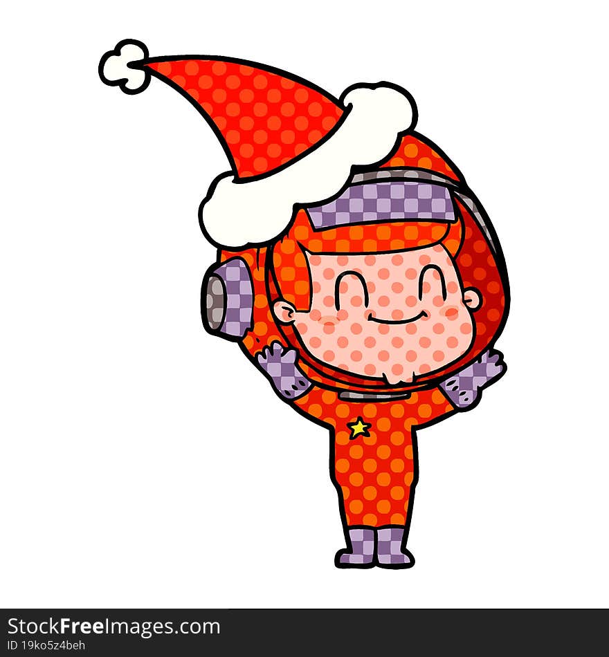 happy comic book style illustration of a astronaut man wearing santa hat