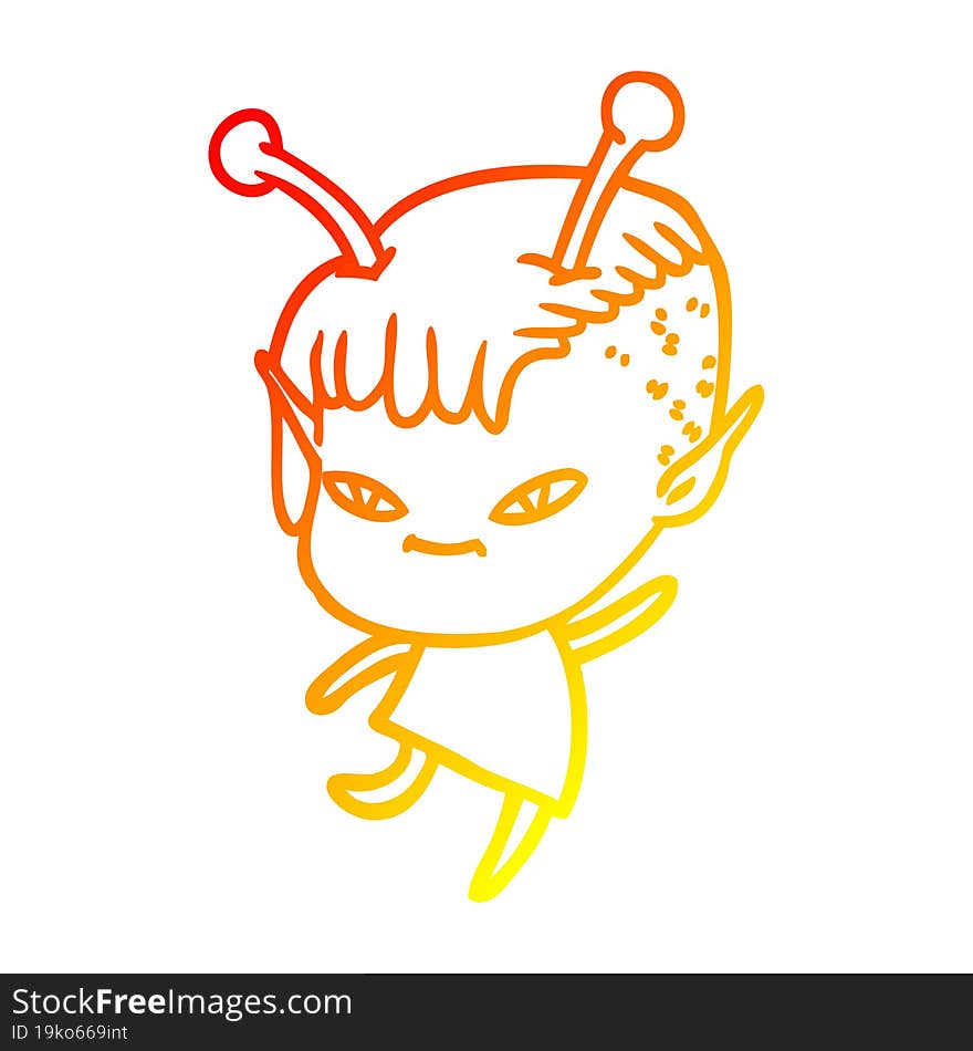 warm gradient line drawing of a cute cartoon alien girl