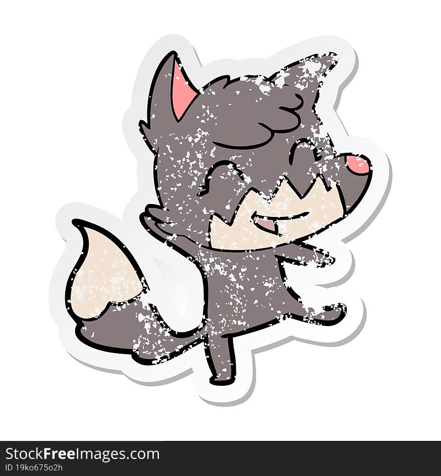 distressed sticker of a happy cartoon fox