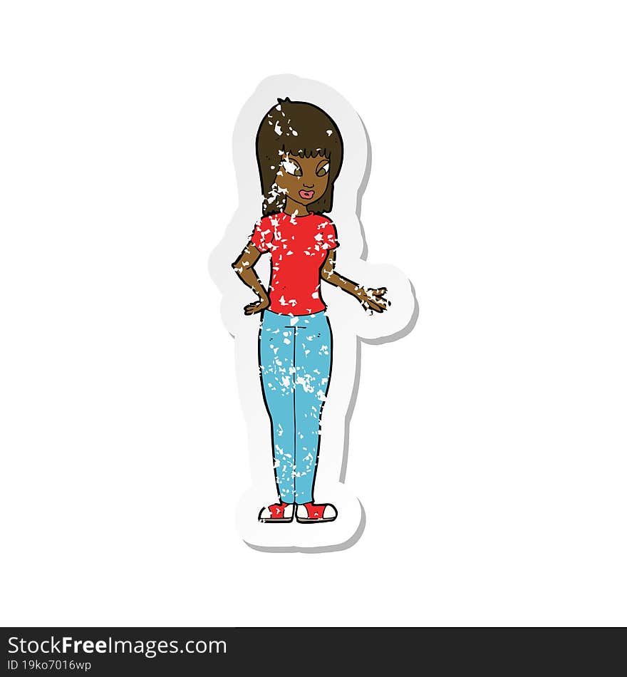 retro distressed sticker of a cartoon woman explaining