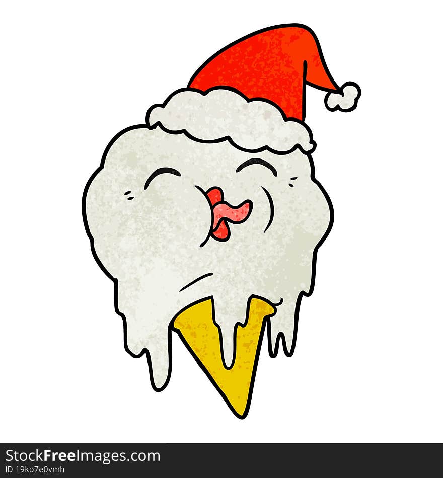 hand drawn textured cartoon of a melting ice cream wearing santa hat