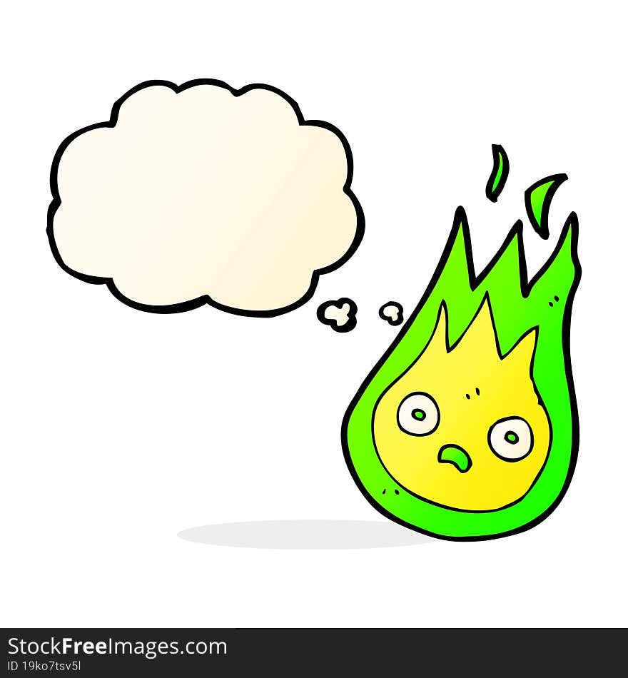 cartoon friendly fireball with thought bubble