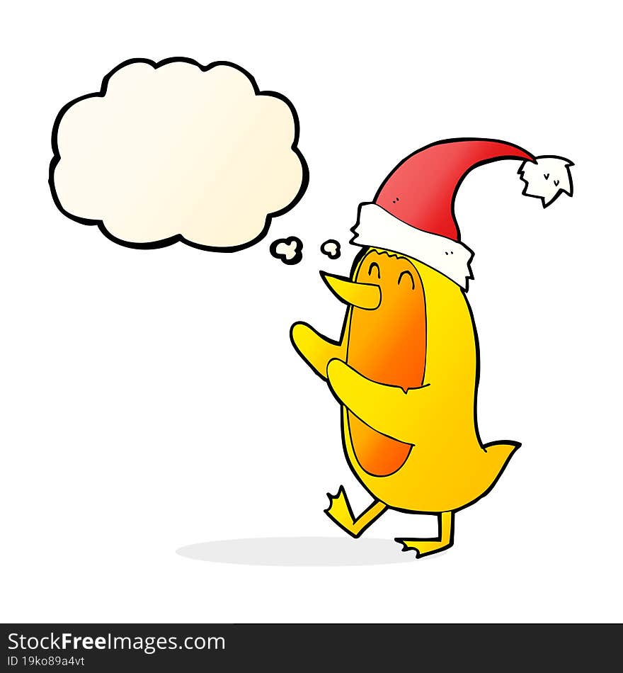 cartoon bird wearing xmas hat with thought bubble