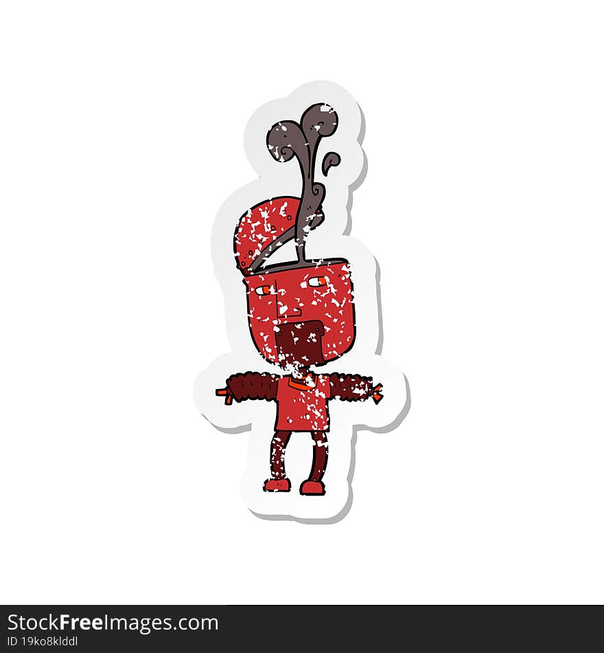 retro distressed sticker of a funny cartoon robot with open head