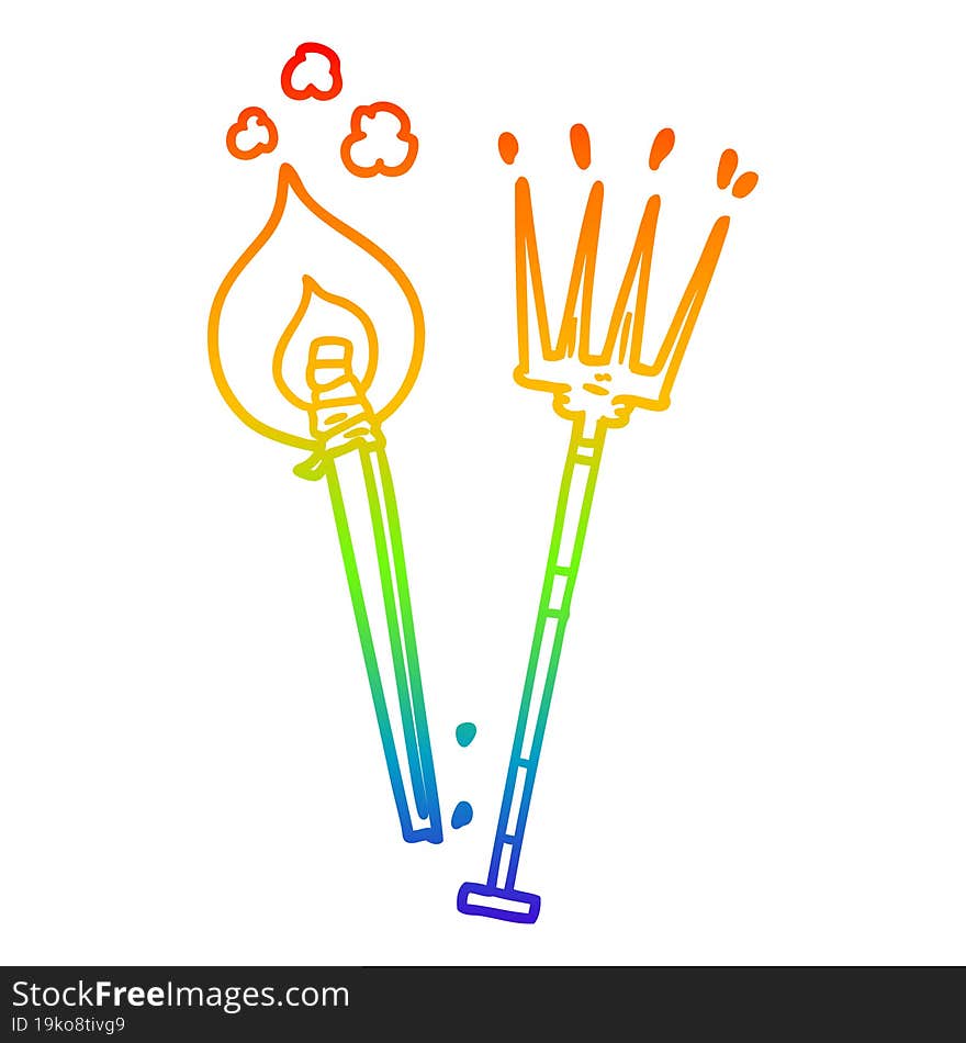 rainbow gradient line drawing cartoon pitchfork and burning brand