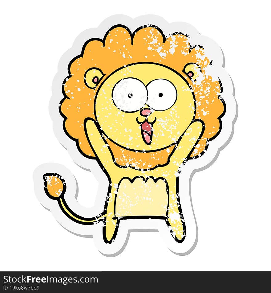 distressed sticker of a happy cartoon lion